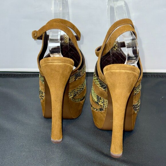YVES SAINT LAURENT SNAKESKIN AND SUEDE PEEP-TOE SANDALS - Picture 4 of 8